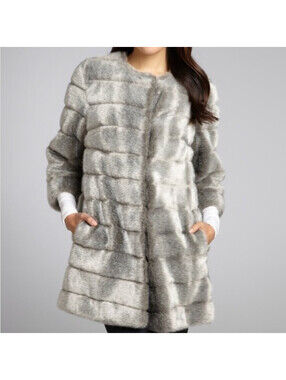 Sam Edelman Womens Large Faux Mink Fur Coat 3/4 Sleeve Cheetah Print Lining Gray